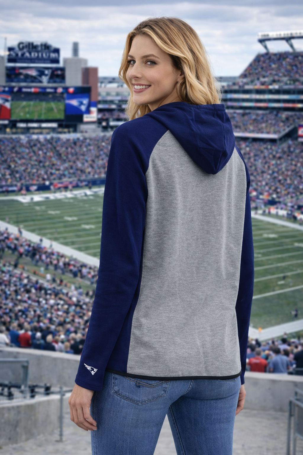 New England Patriots women's NFL hoodie over shoulder